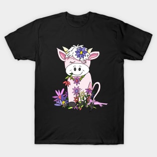 kawaii pink cow eating pretty flowers T-Shirt